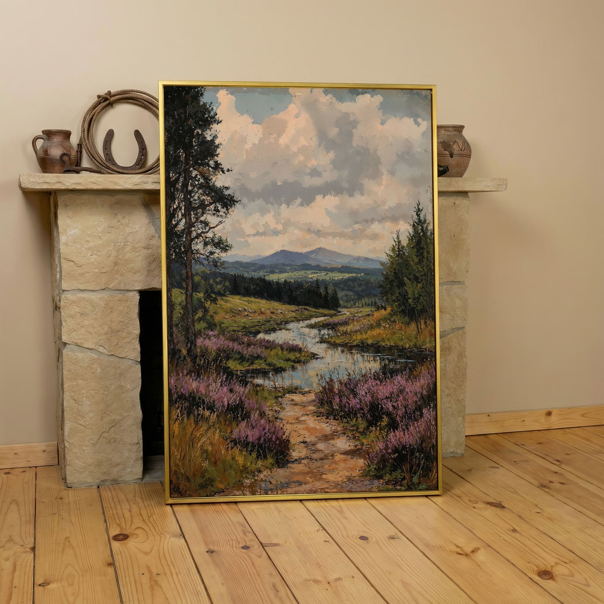 Mountain Range and River Canvas Print in yellow gold floating frame