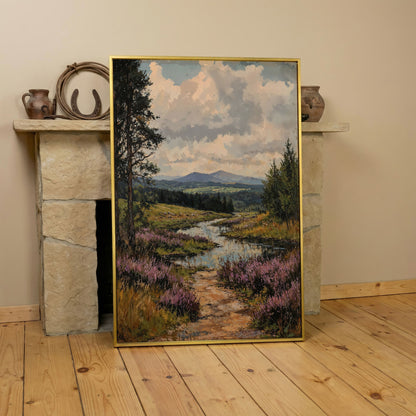 Mountain Range and River Canvas Print in yellow gold floating frame