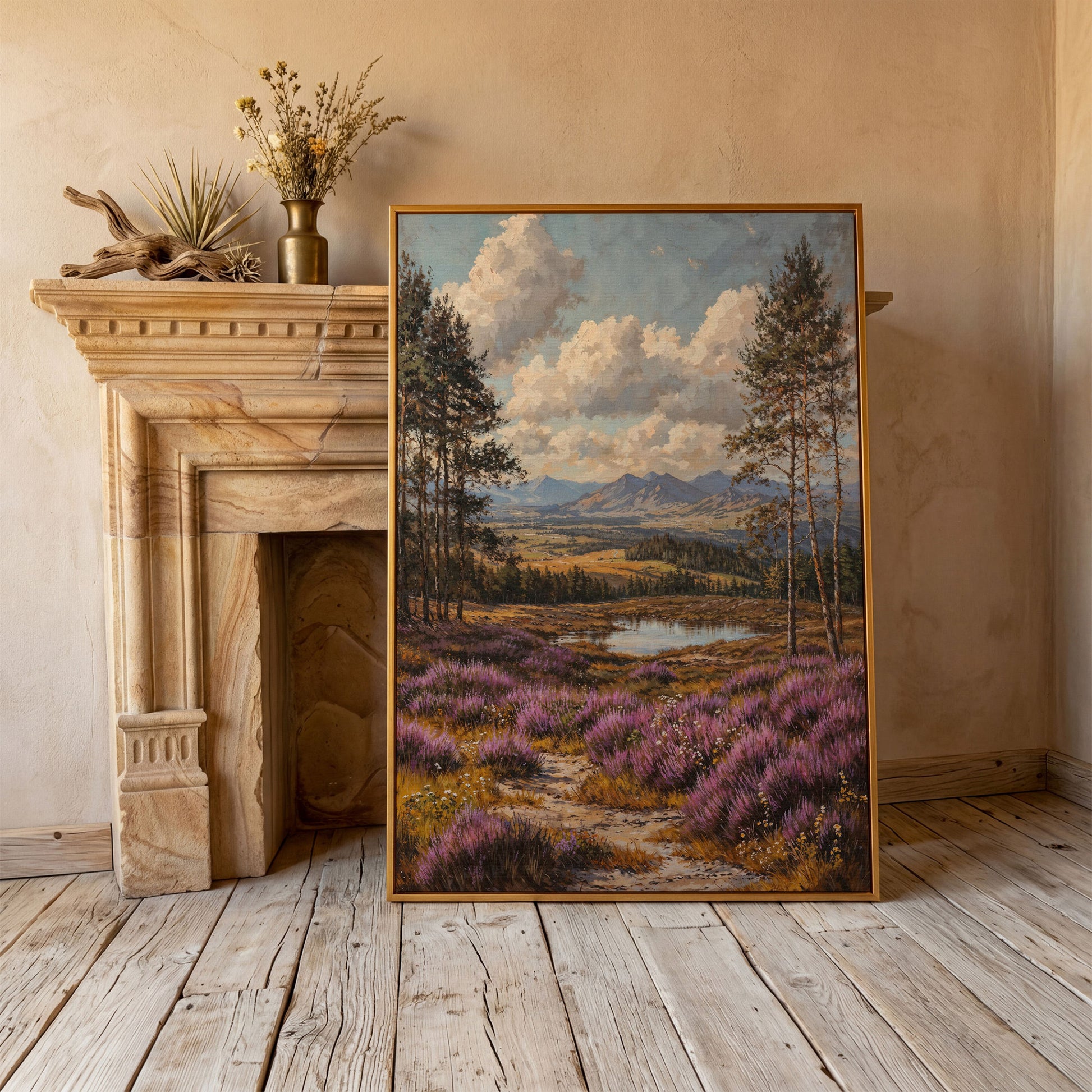 Heather Mountains Moorland Canvas in antique gold floating frame