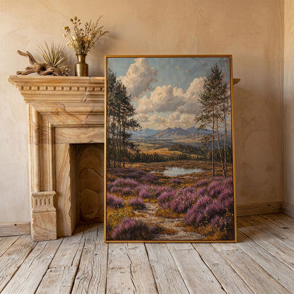 Heather Mountains Moorland Canvas in antique gold floating frame