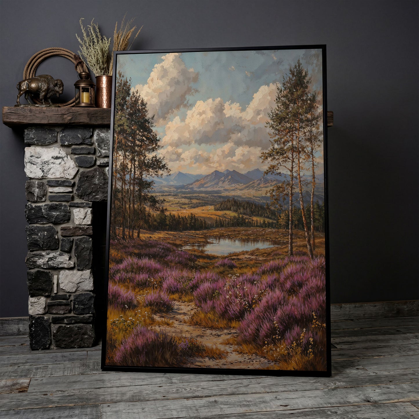 Heather Mountains Moorland Canvas in black floating frame