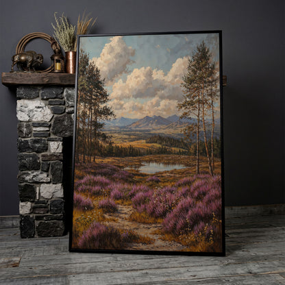 Heather Mountains Moorland Canvas in black floating frame