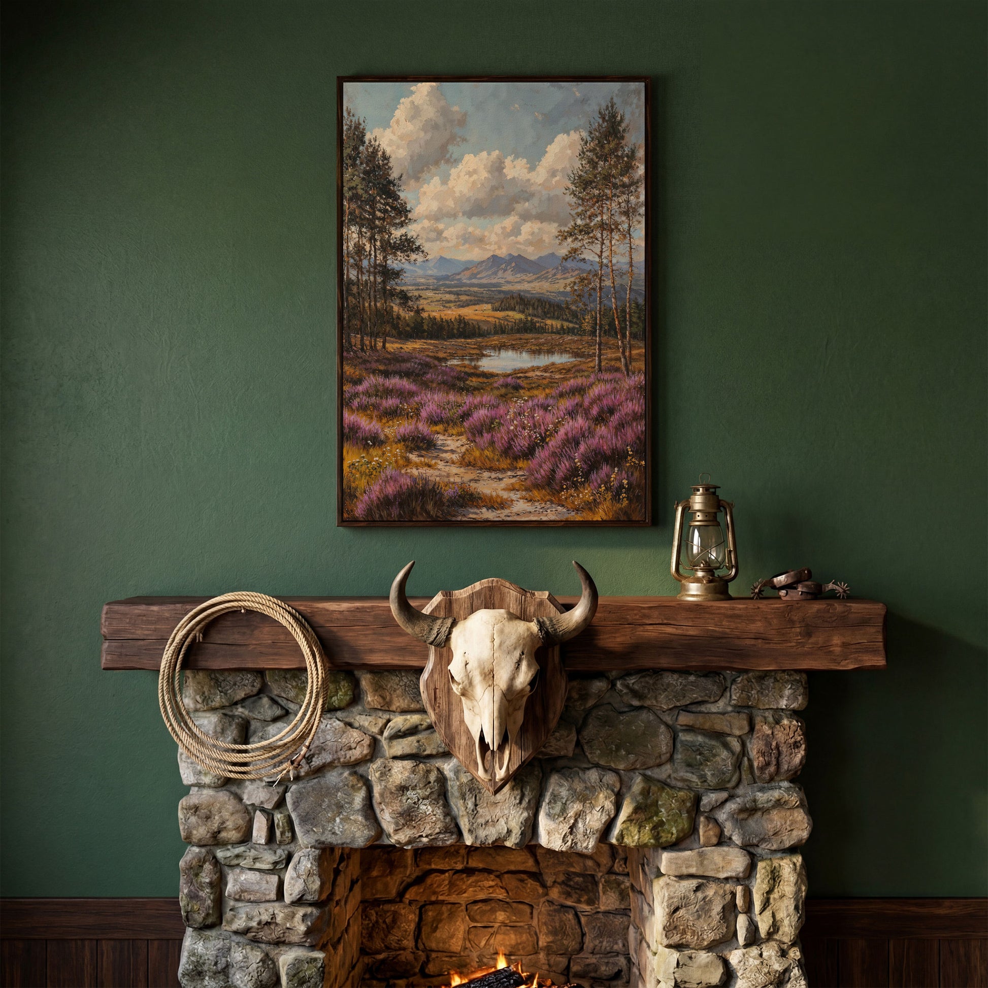 Heather Mountains Moorland Canvas in dark walnut floating frame