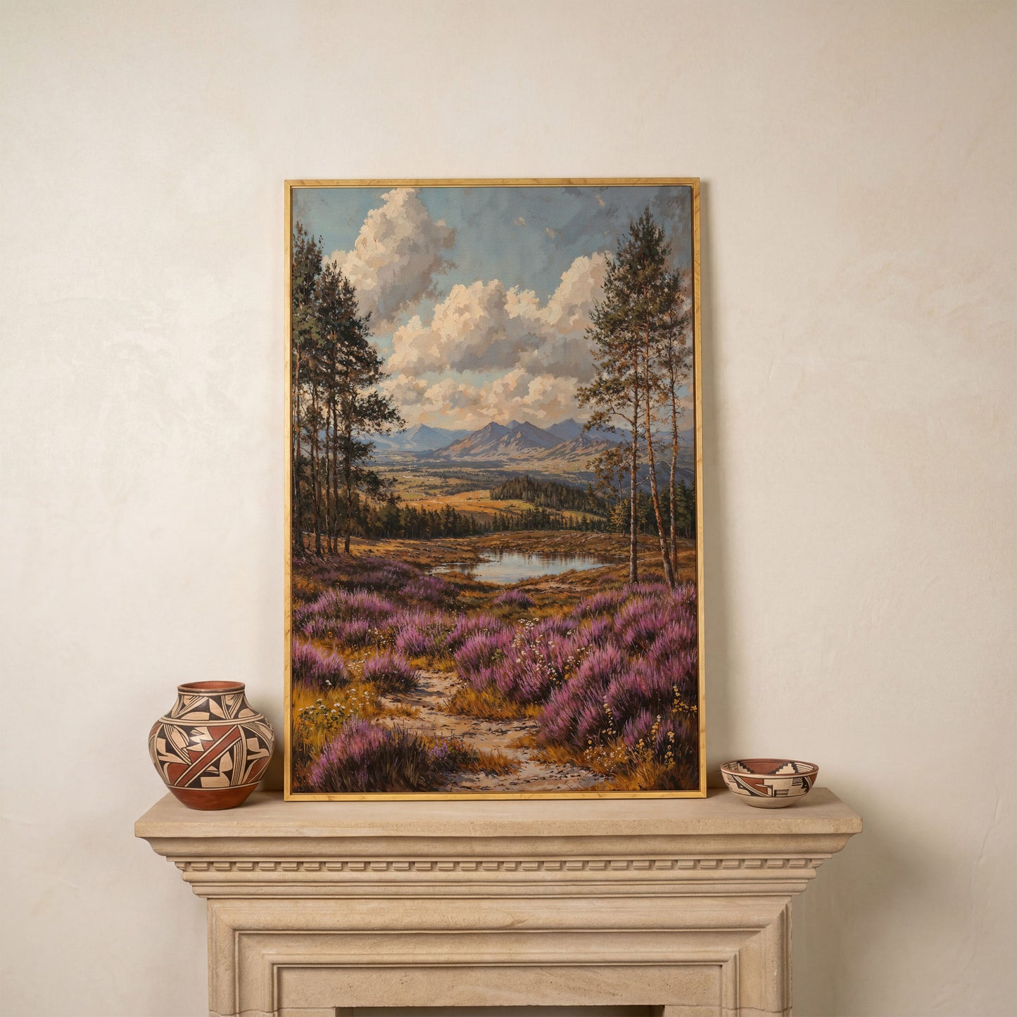 Heather Mountains Moorland Canvas in white oak floating frame