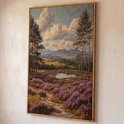 Heather Mountains Moorland Canvas shown in white oak floating frame