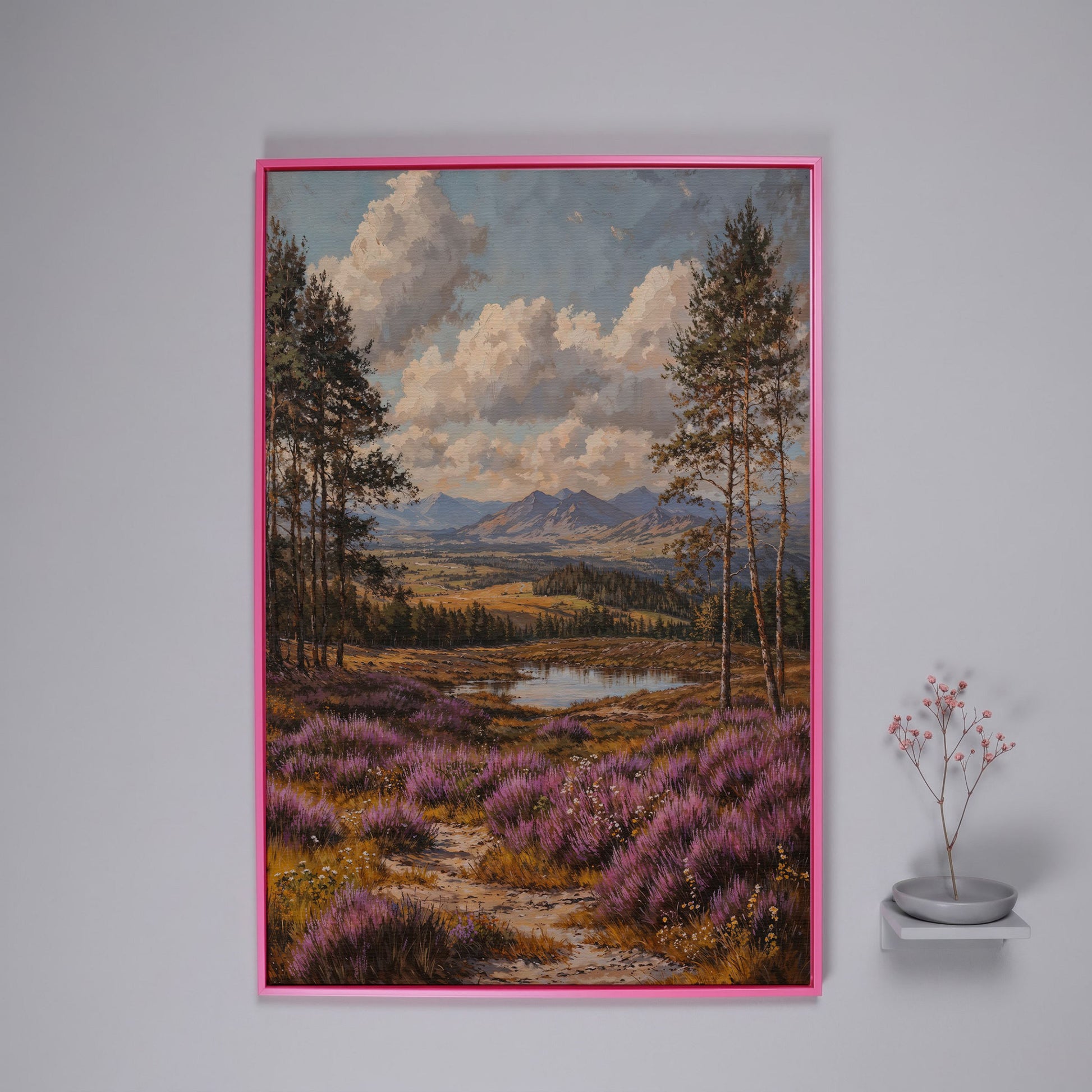 Heather Mountains Moorland Canvas in pink floating frame