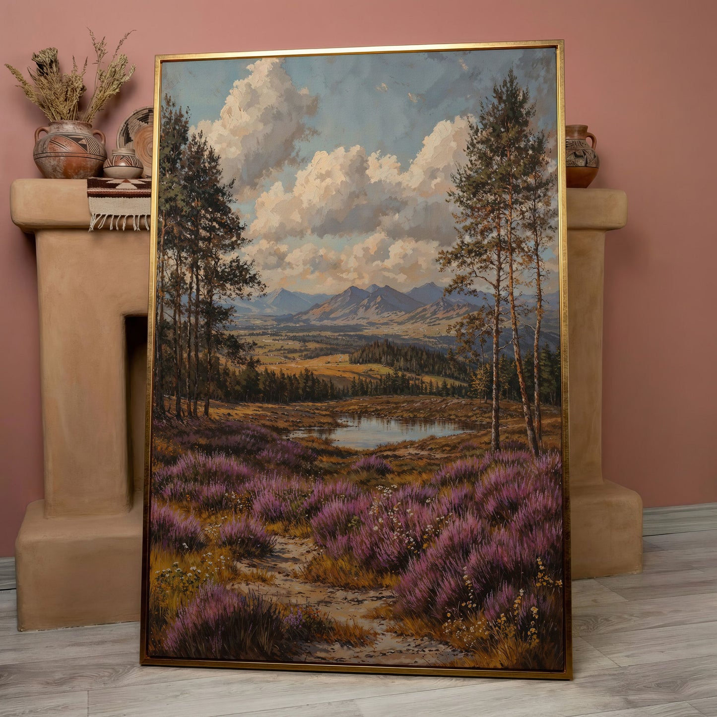 Heather Mountains Moorland Canvas in rose gold floating frame