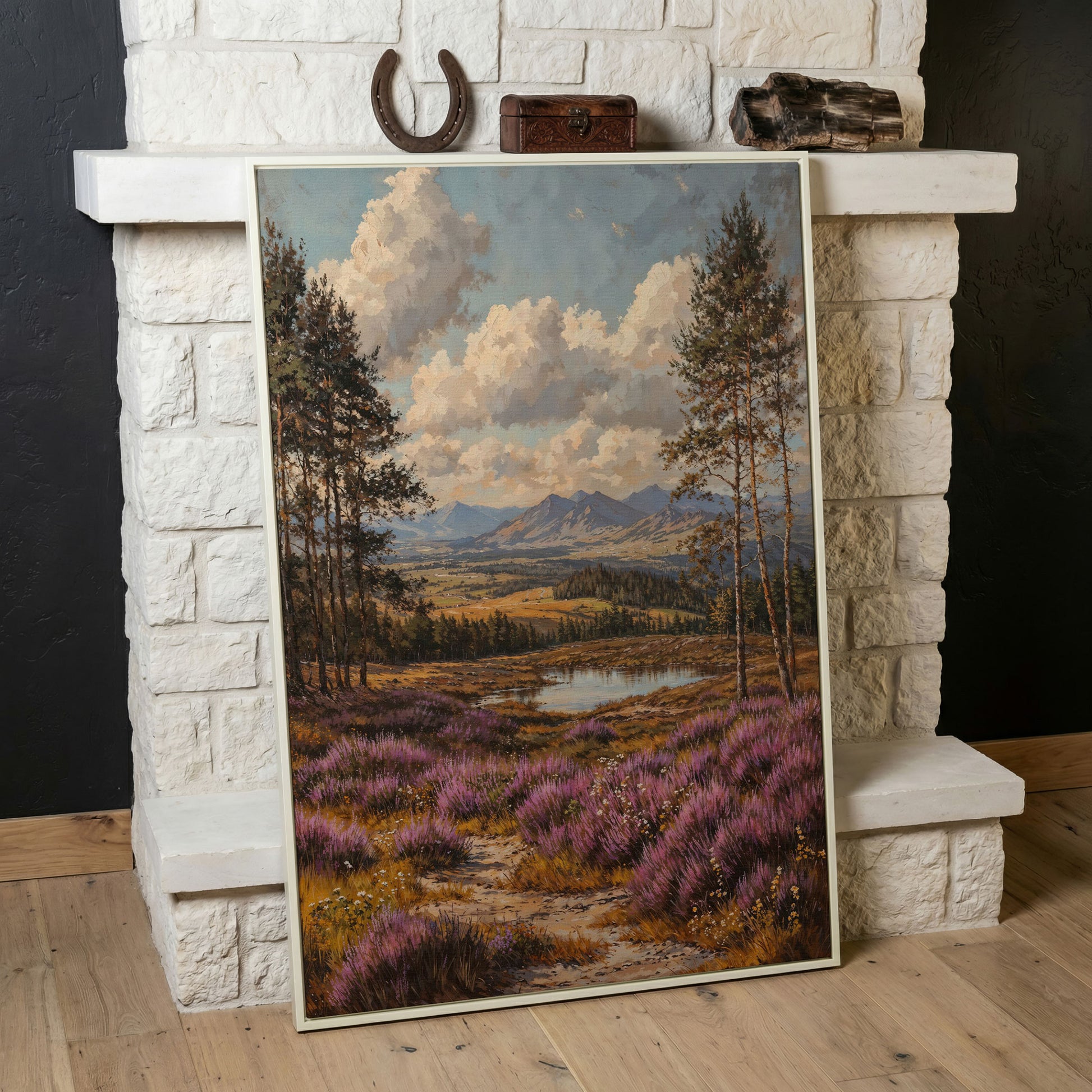Heather Mountains Moorland Canvas in white floating frame