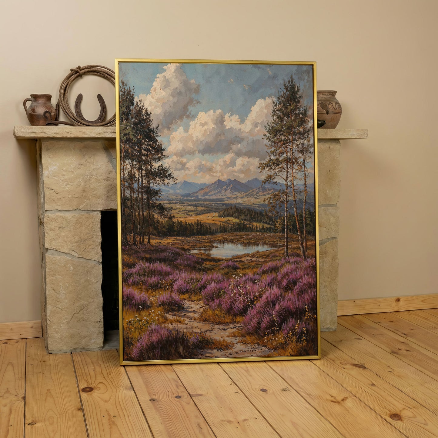 Heather Mountains Moorland Canvas in yellow gold floating frame