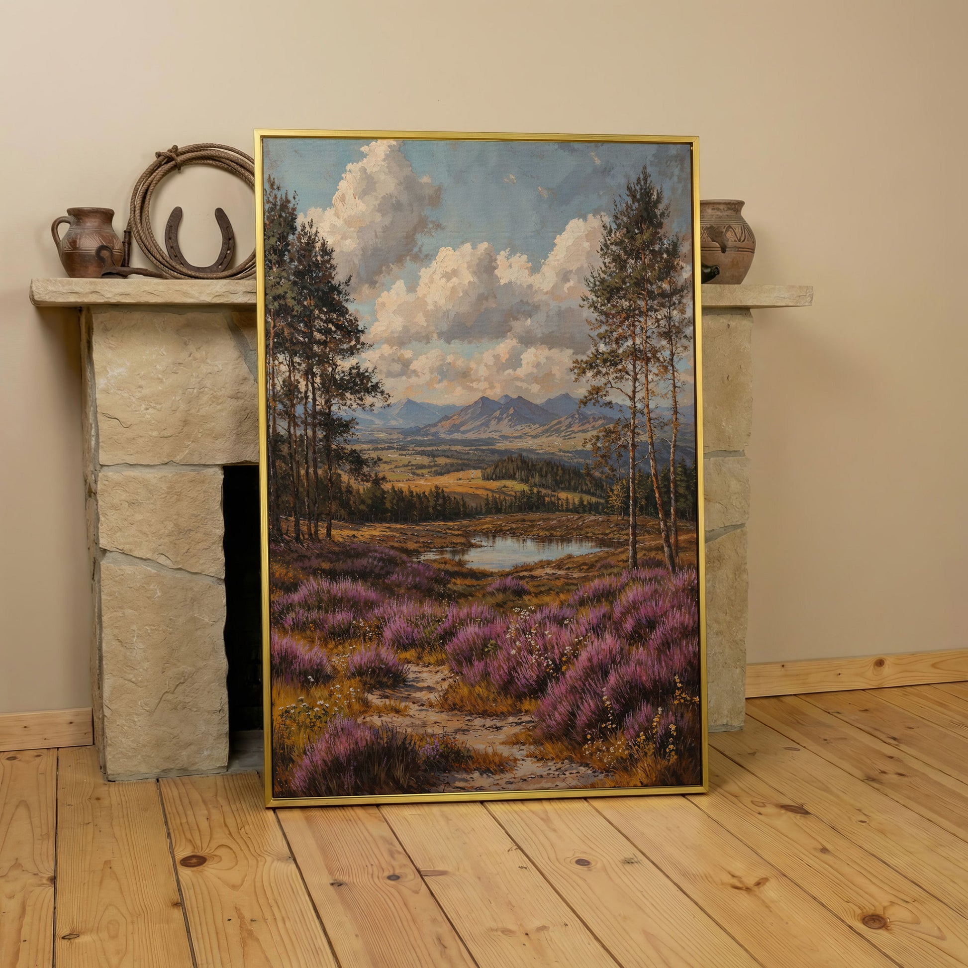 Heather Mountains Moorland Canvas in yellow gold floating frame