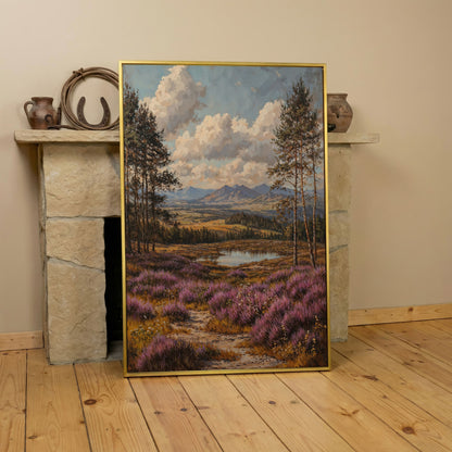 Heather Mountains Moorland Canvas in yellow gold floating frame