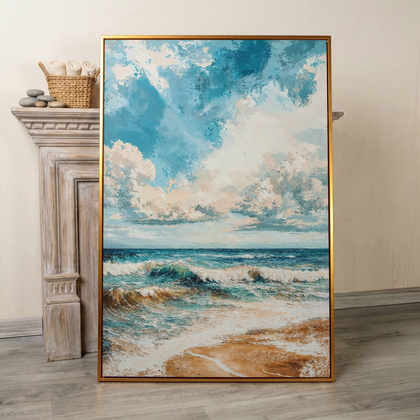 Tranquil Beach Scene Canvas Print in antique gold floating frame