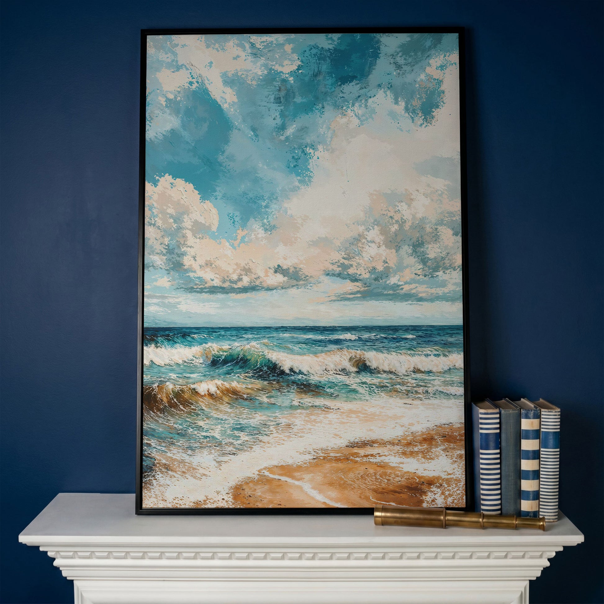 Tranquil Beach Scene Canvas Print in black floating frame