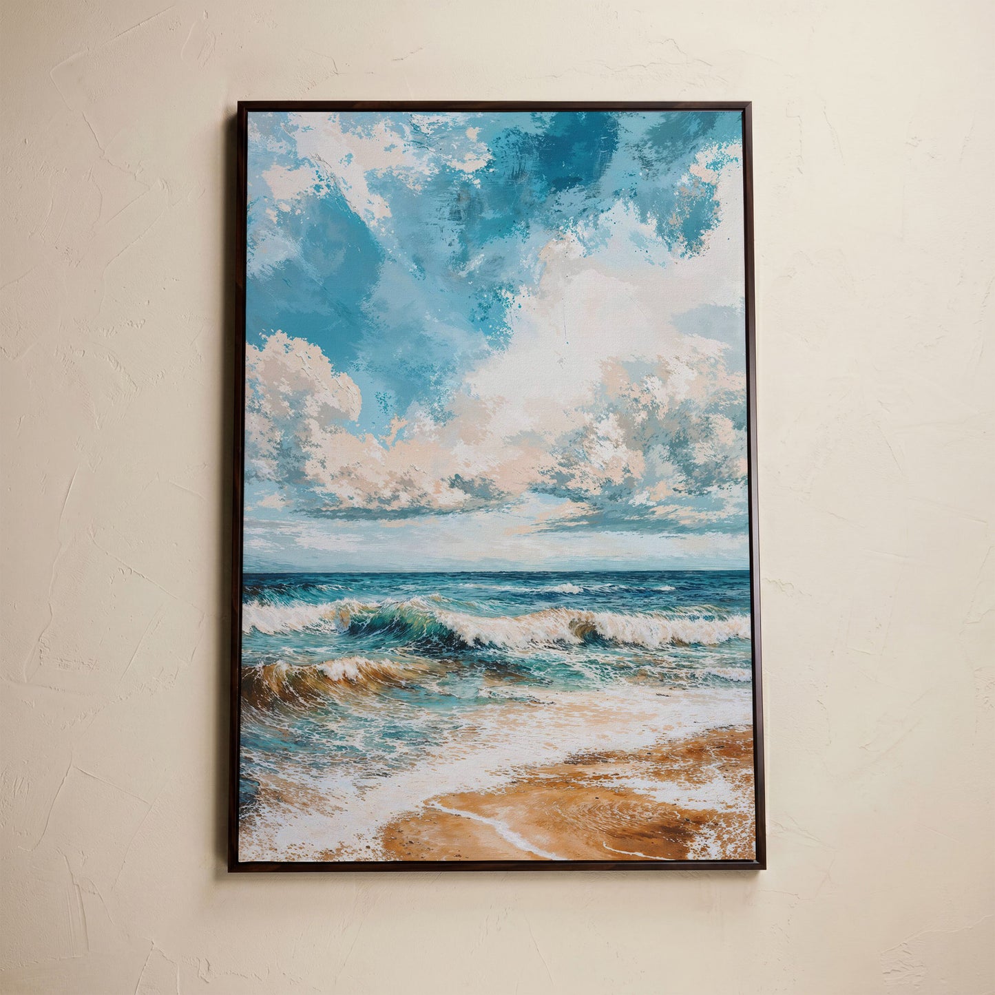 Tranquil Beach Scene Canvas Print in dark walnut floating frame