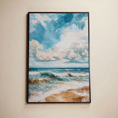 Tranquil Beach Scene Canvas Print in dark walnut floating frame