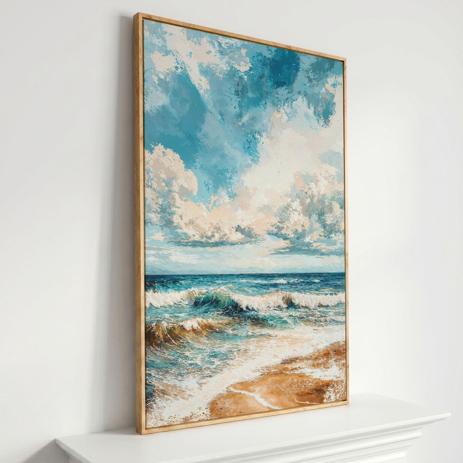 Tranquil Beach Scene Canvas Print in white oak floating frame