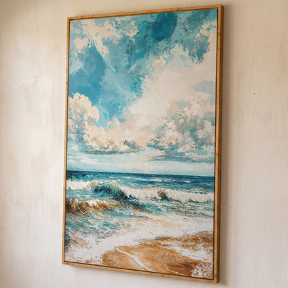 Tranquil Beach Scene Canvas Print shown in white oak floating frame