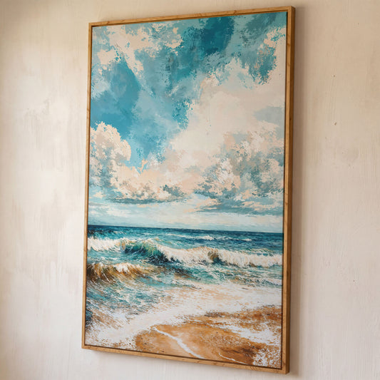 Tranquil Beach Scene Canvas Print shown in white oak floating frame