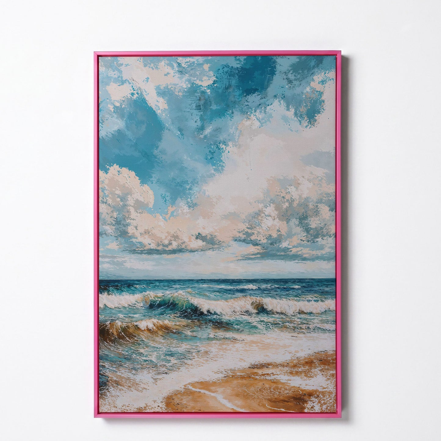 Tranquil Beach Scene Canvas Print in pink floating frame