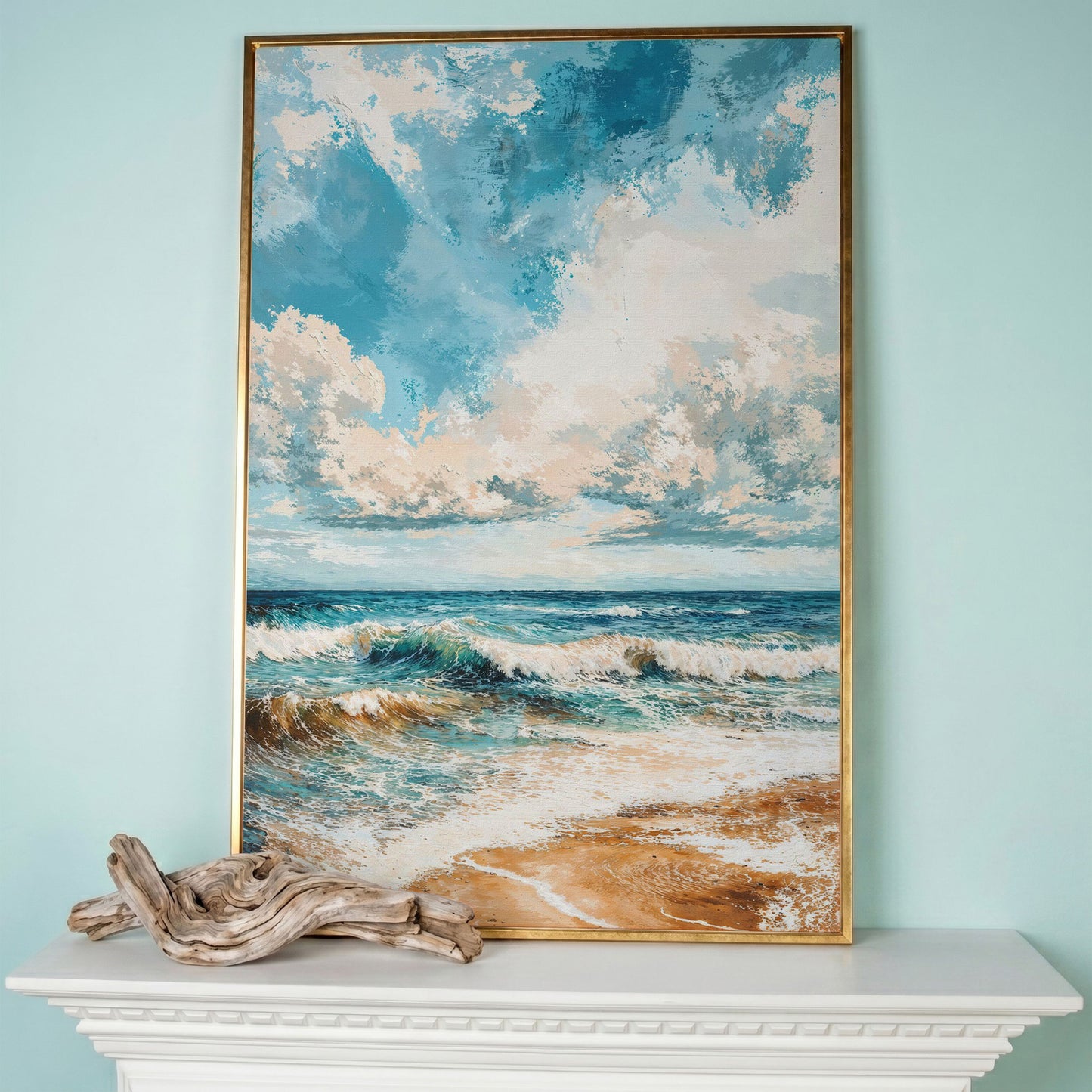 Tranquil Beach Scene Canvas Print in rose gold floating frame