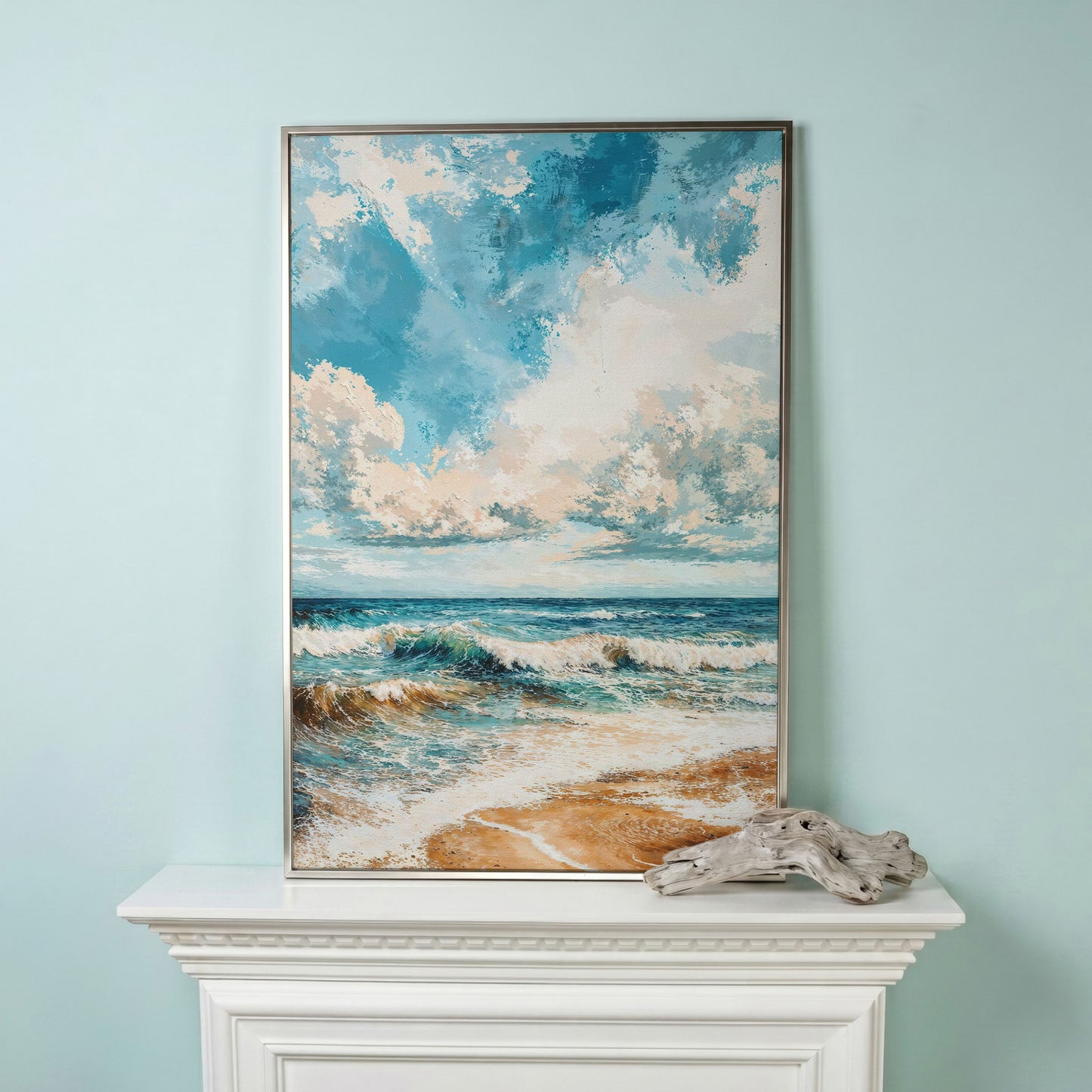 Tranquil Beach Scene Canvas Print in silver floating frame