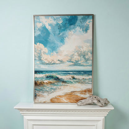 Tranquil Beach Scene Canvas Print in silver floating frame