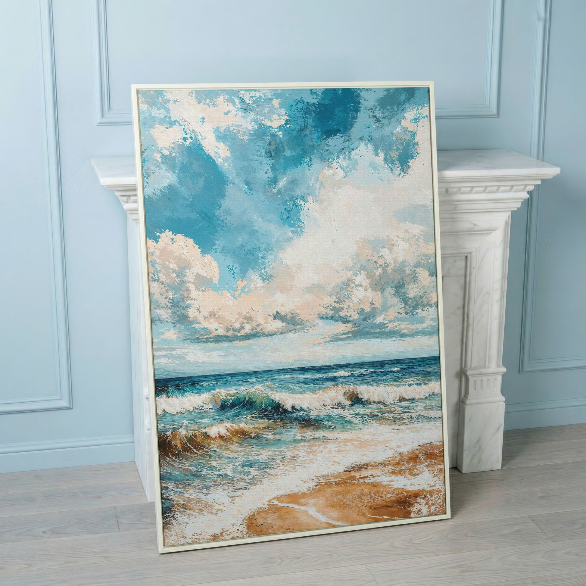 Tranquil Beach Scene Canvas Print in white floating frame