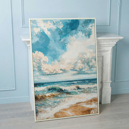 Tranquil Beach Scene Canvas Print in white floating frame