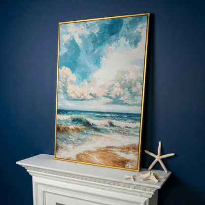 Tranquil Beach Scene Canvas Print in yellow gold floating frame