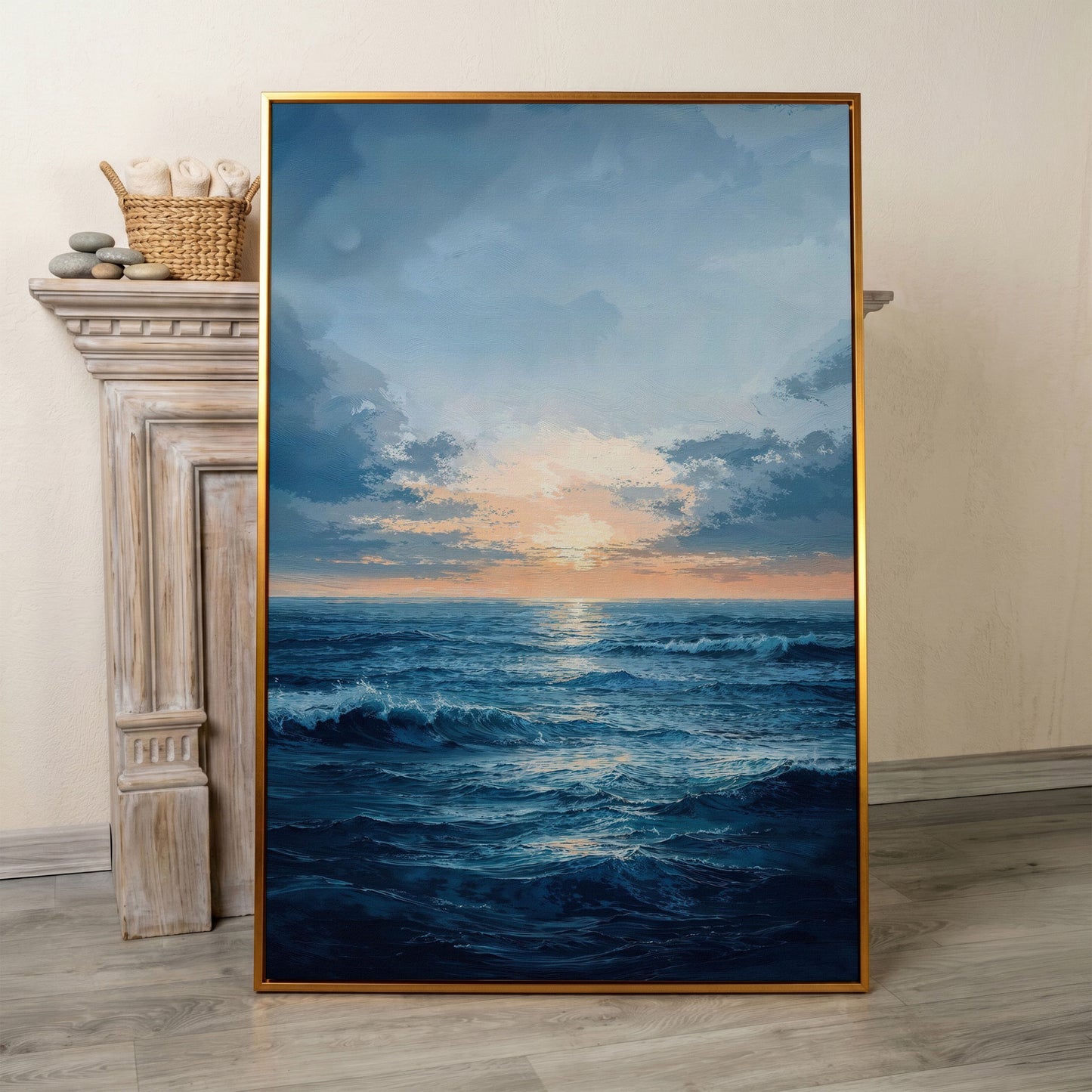 Ocean Sunset Seascape Canvas in antique gold floating frame
