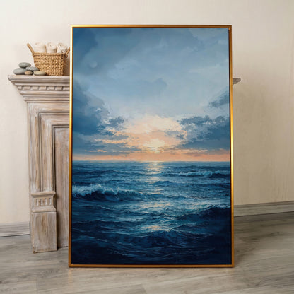 Ocean Sunset Seascape Canvas in antique gold floating frame