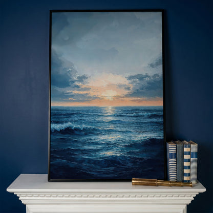 Ocean Sunset Seascape Canvas in black floating frame