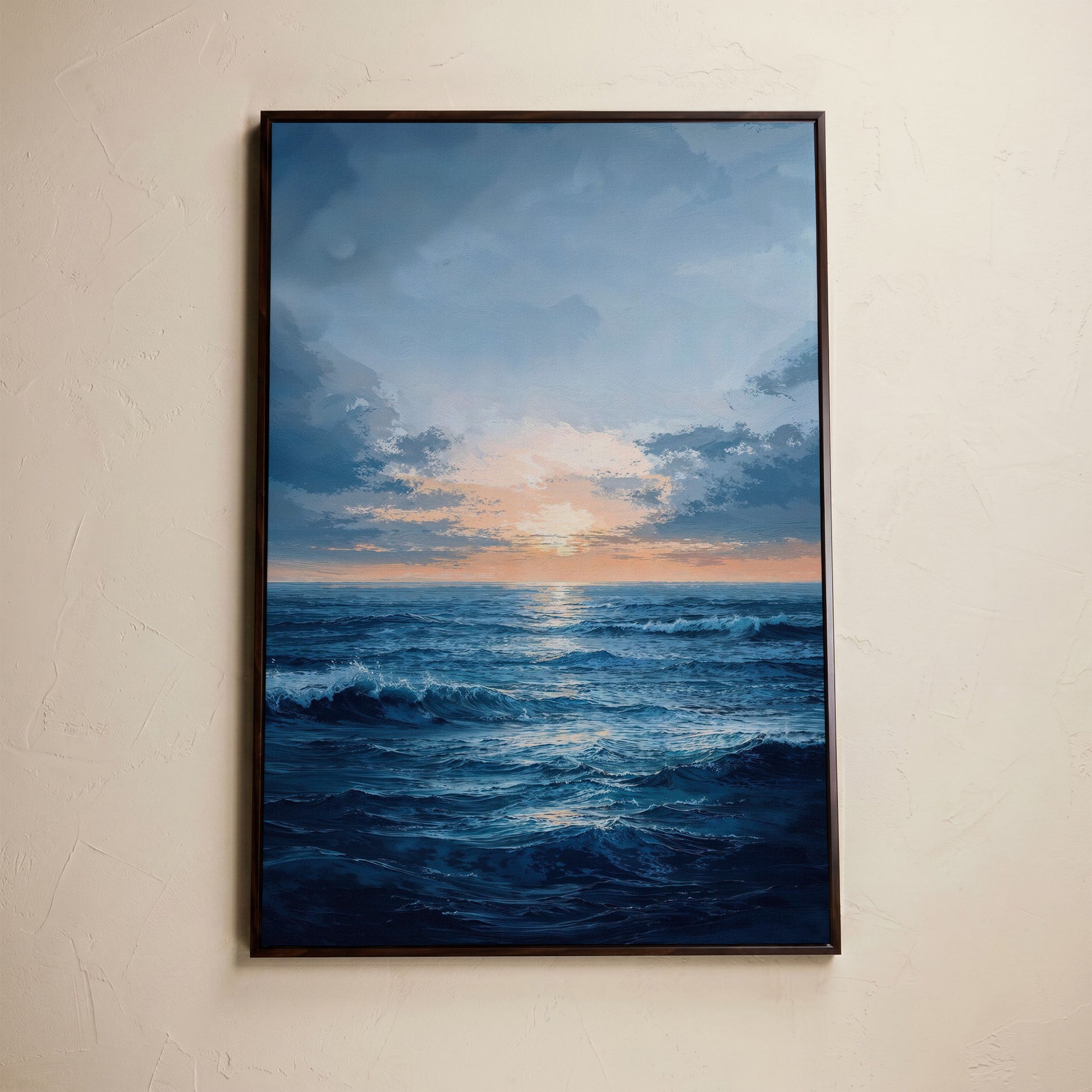 Ocean Sunset Seascape Canvas in dark walnut floating frame