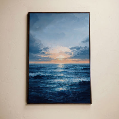 Ocean Sunset Seascape Canvas in dark walnut floating frame