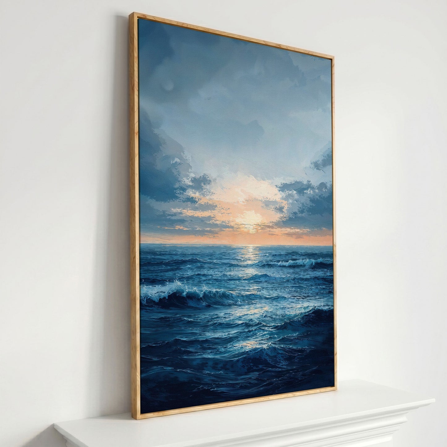 Ocean Sunset Seascape Canvas in white oak floating frame