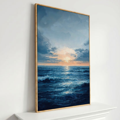 Ocean Sunset Seascape Canvas in white oak floating frame