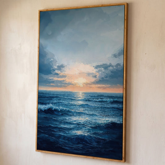 Ocean Sunset Seascape Canvas shown in white oak floating frame