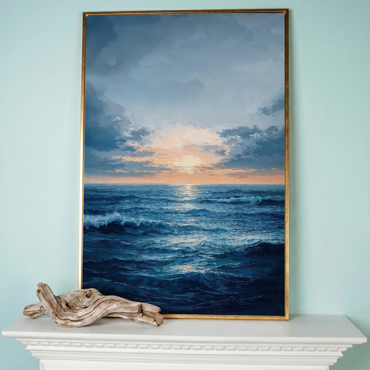 Ocean Sunset Seascape Canvas in rose gold floating frame