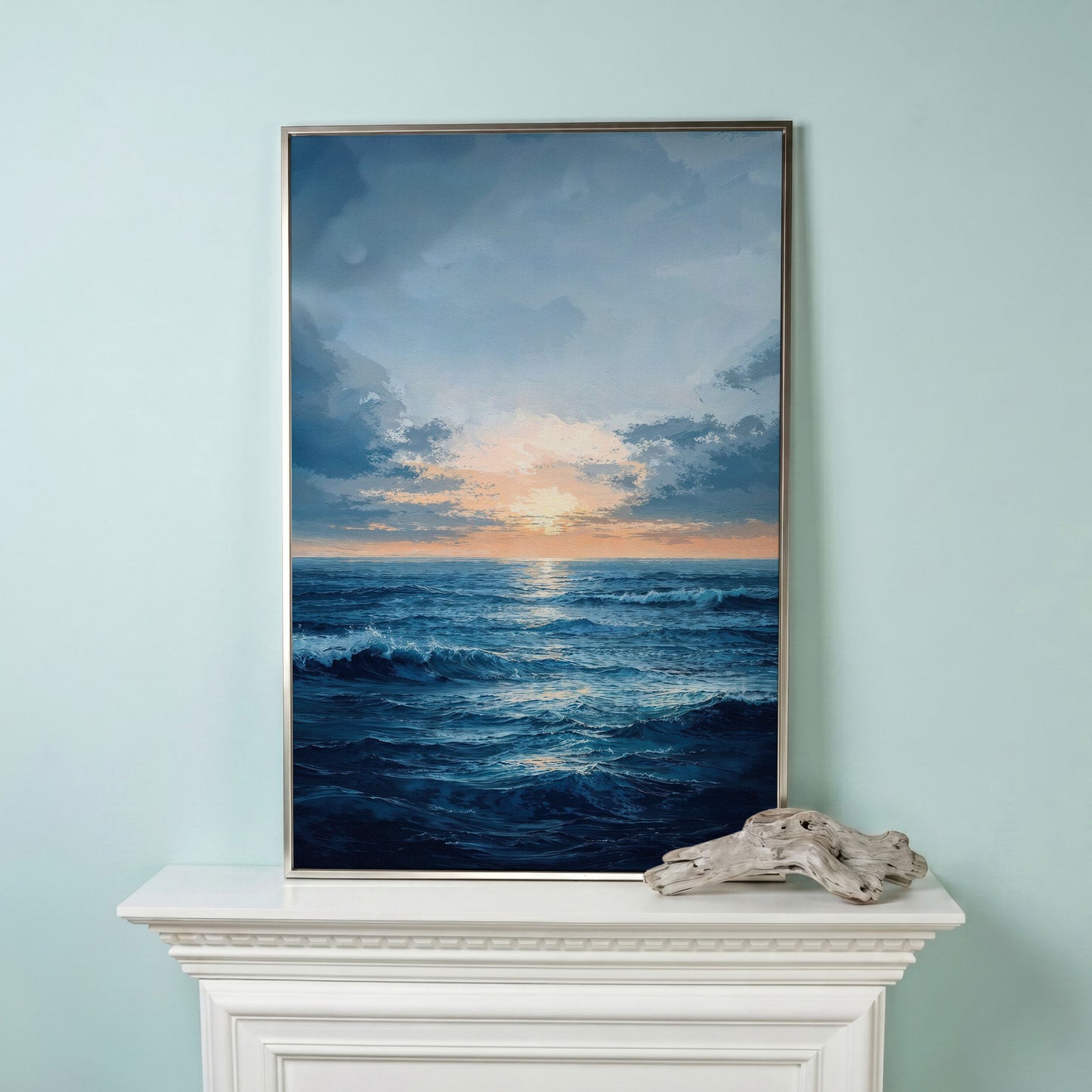 Ocean Sunset Seascape Canvas in silver floating frame