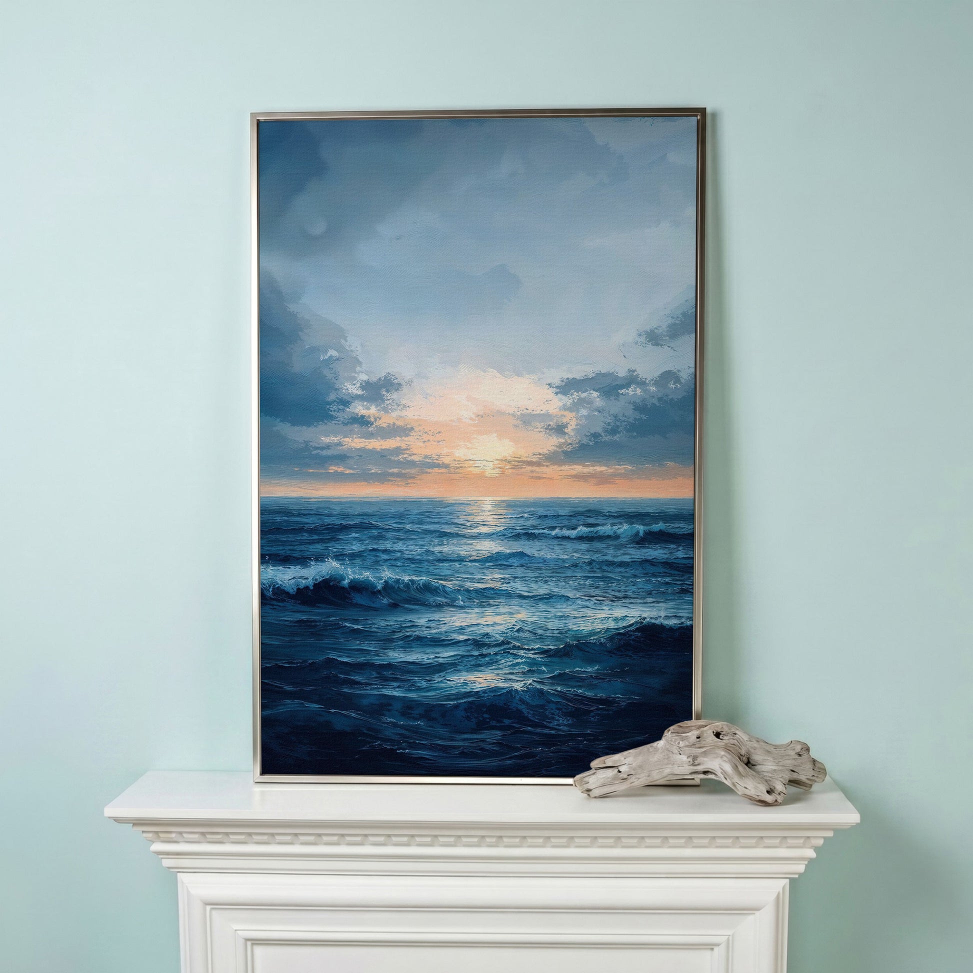 Ocean Sunset Seascape Canvas in silver floating frame