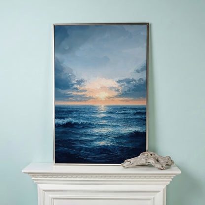 Ocean Sunset Seascape Canvas in silver floating frame