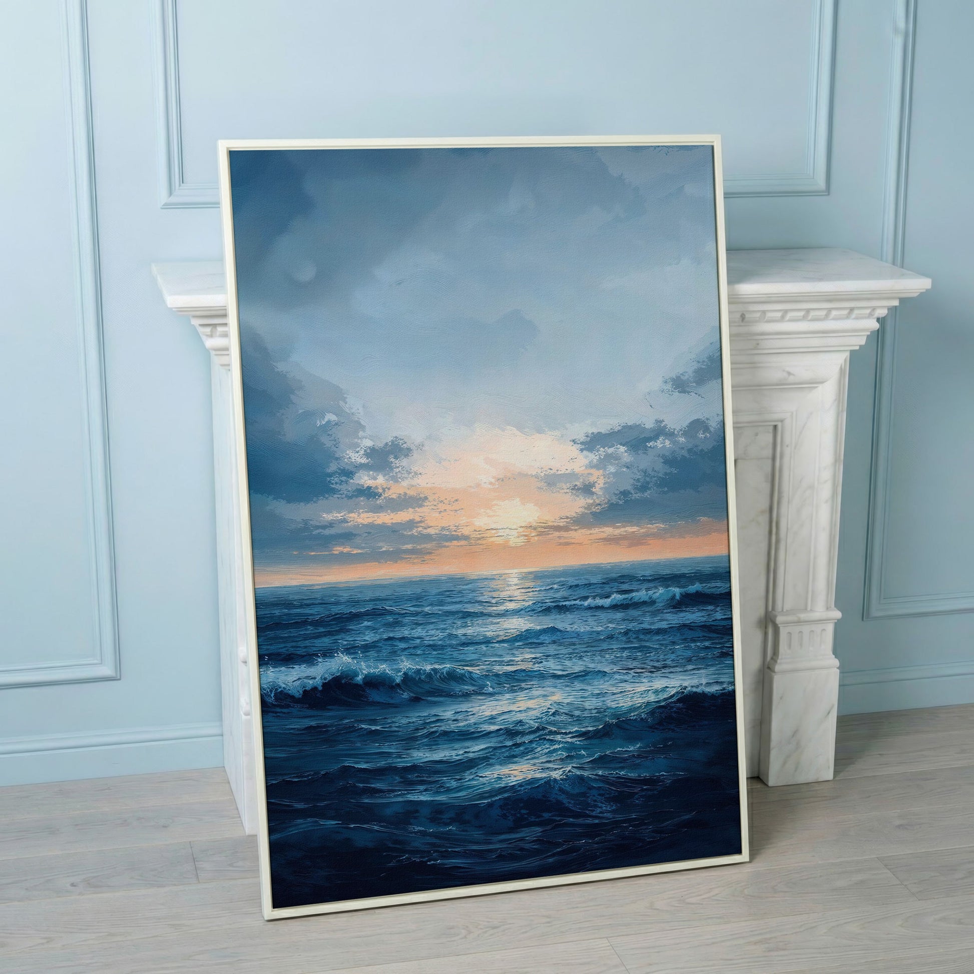 Ocean Sunset Seascape Canvas in white floating frame