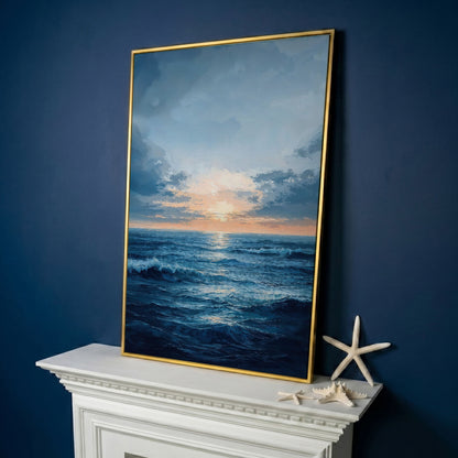 Ocean Sunset Seascape Canvas in yellow gold floating frame