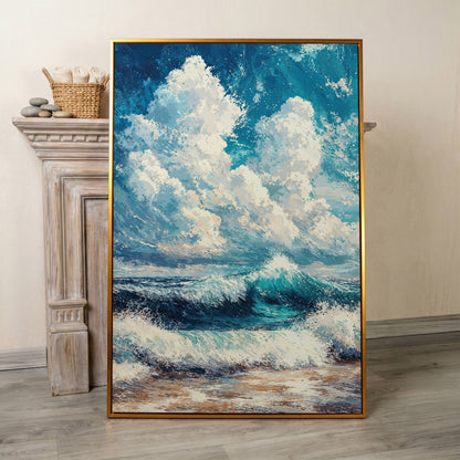 Wave and Cloudbank Seascape Canvas in antique gold floating frame