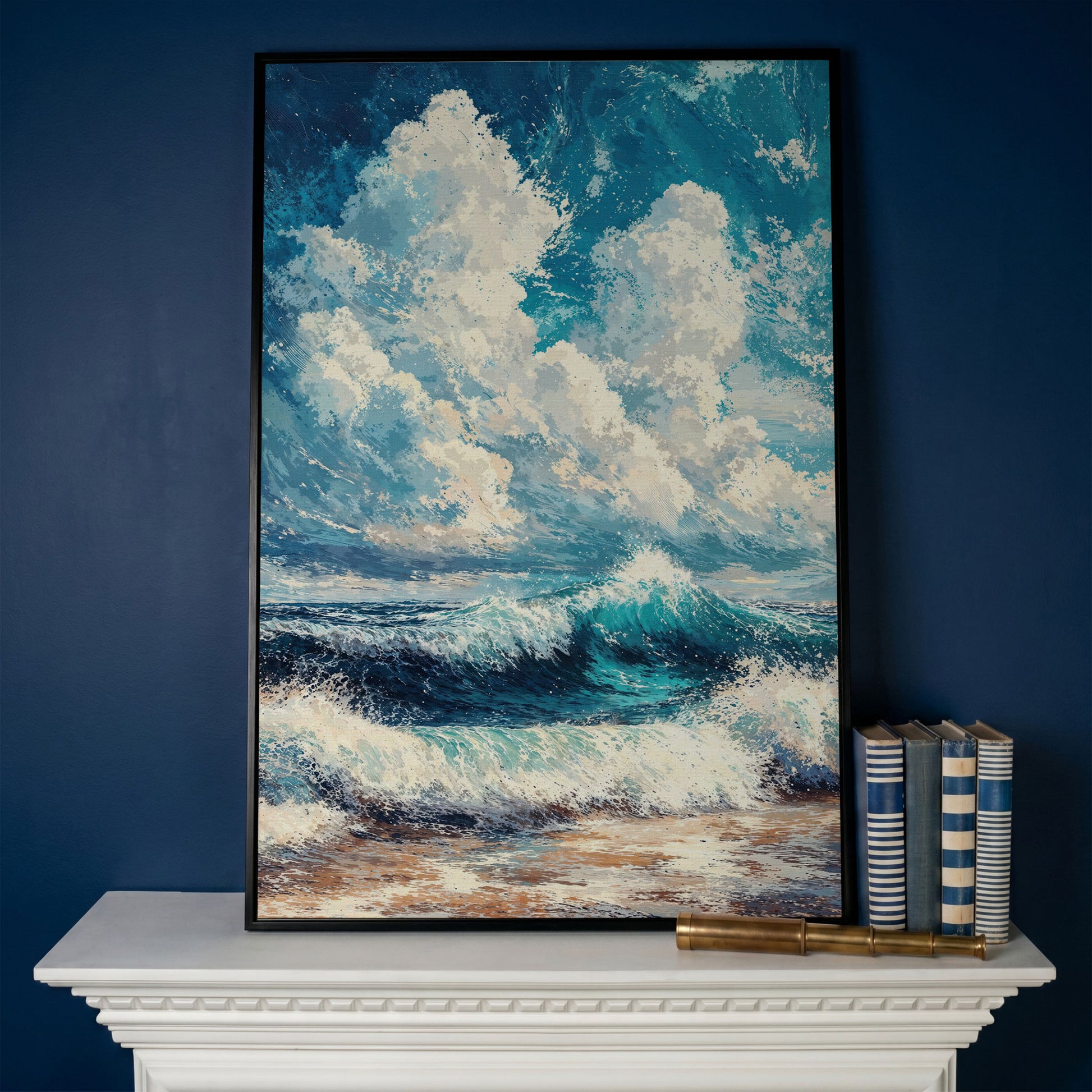 Wave and Cloudbank Seascape Canvas in black floating frame