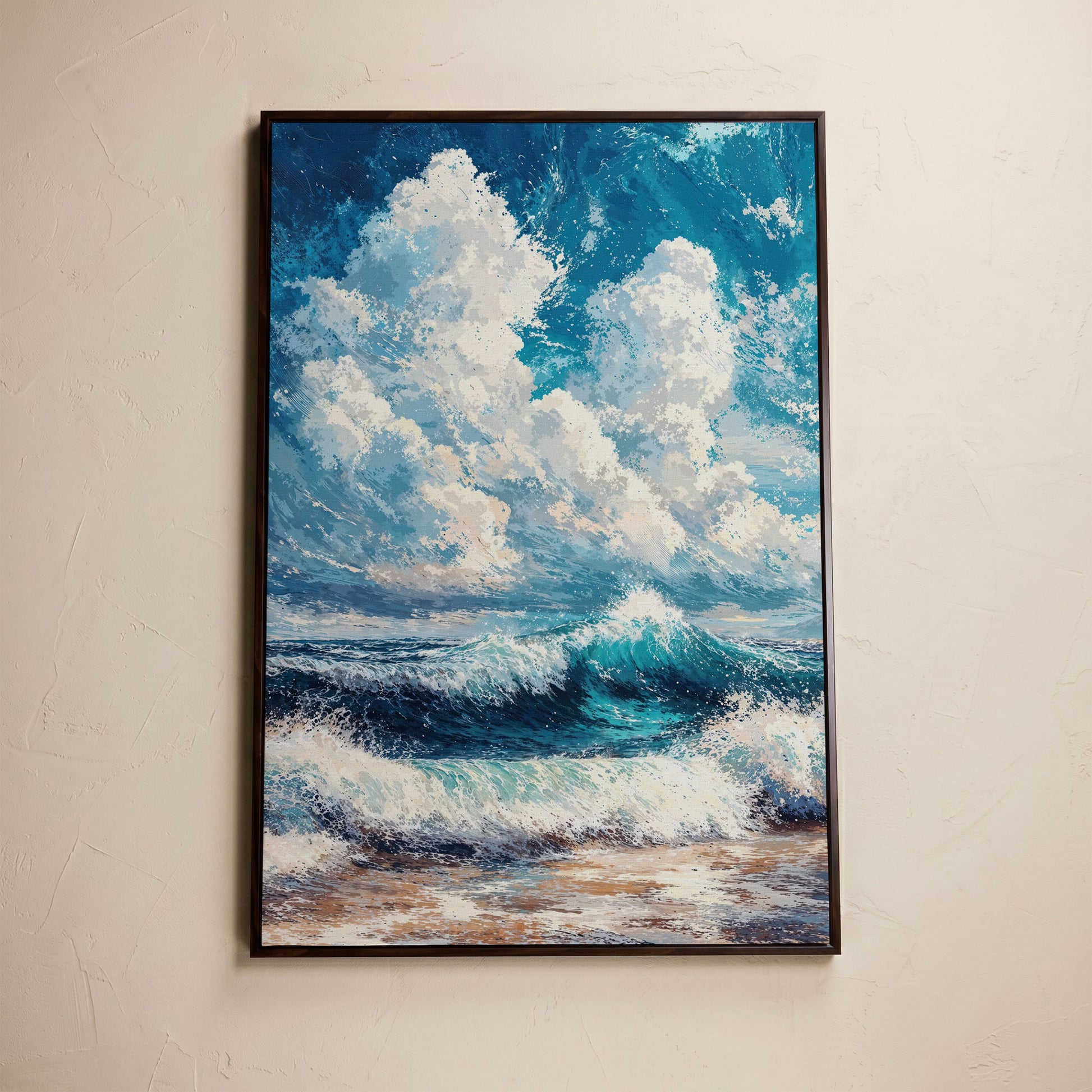 Wave and Cloudbank Seascape Canvas in dark walnut floating frame