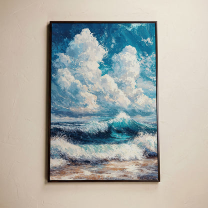 Wave and Cloudbank Seascape Canvas in dark walnut floating frame