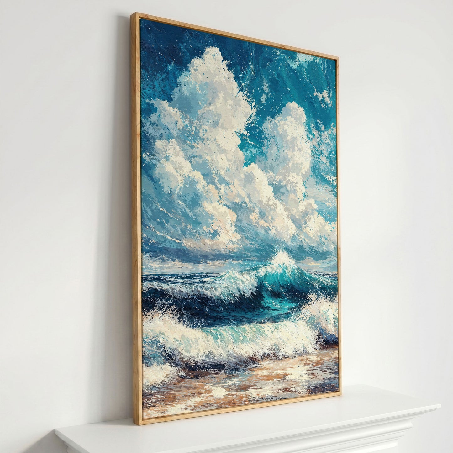 Wave and Cloudbank Seascape Canvas in white oak floating frame