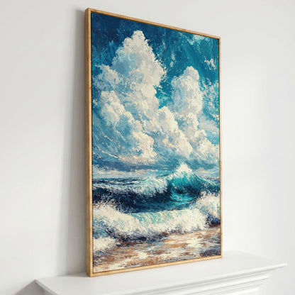 Wave and Cloudbank Seascape Canvas in white oak floating frame