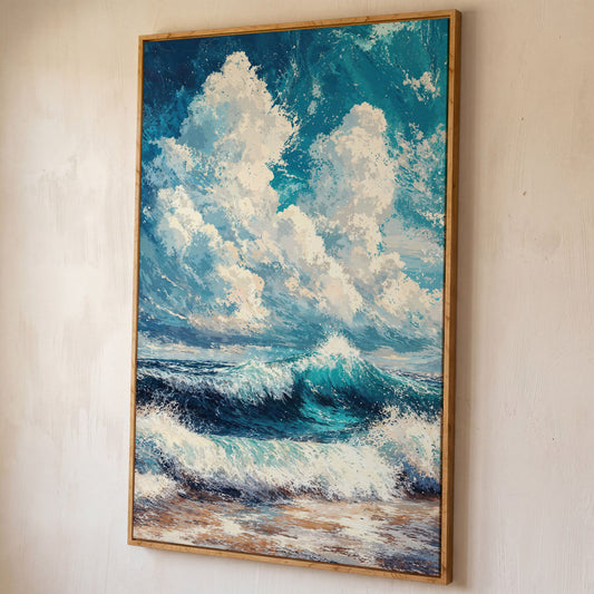 Wave and Cloudbank Seascape Canvas shown in white oak floating frame